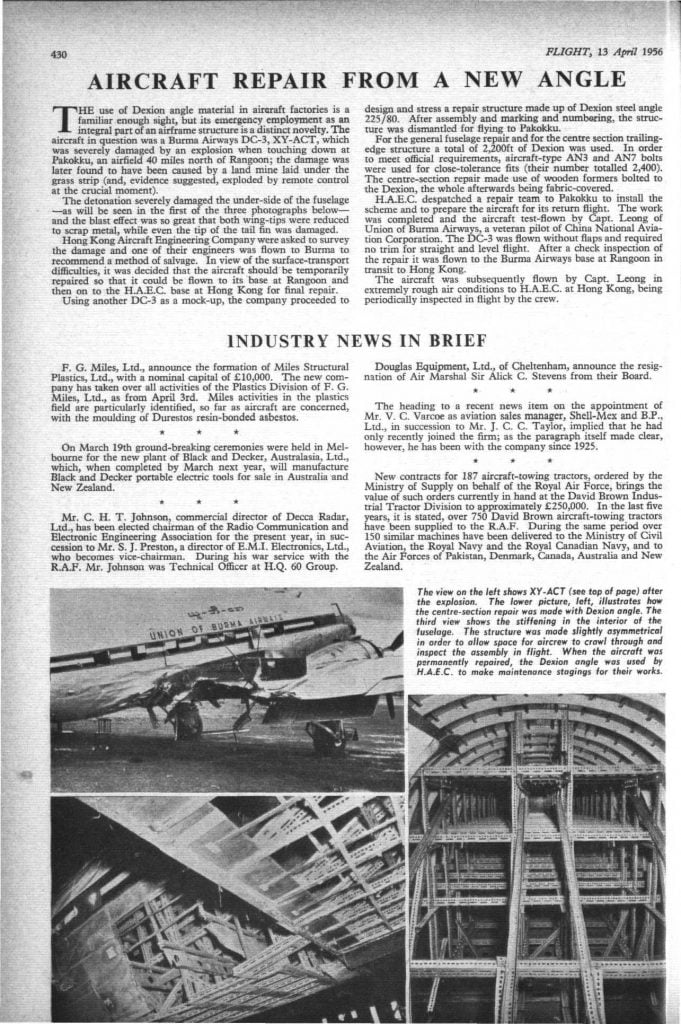 ဒီသတင်းကို ဖေါ်ပြခဲ့တဲ့ ၁၉၅၆ ခုနှစ်ထုတ် Flight Global မဂ္ဂဇင်း