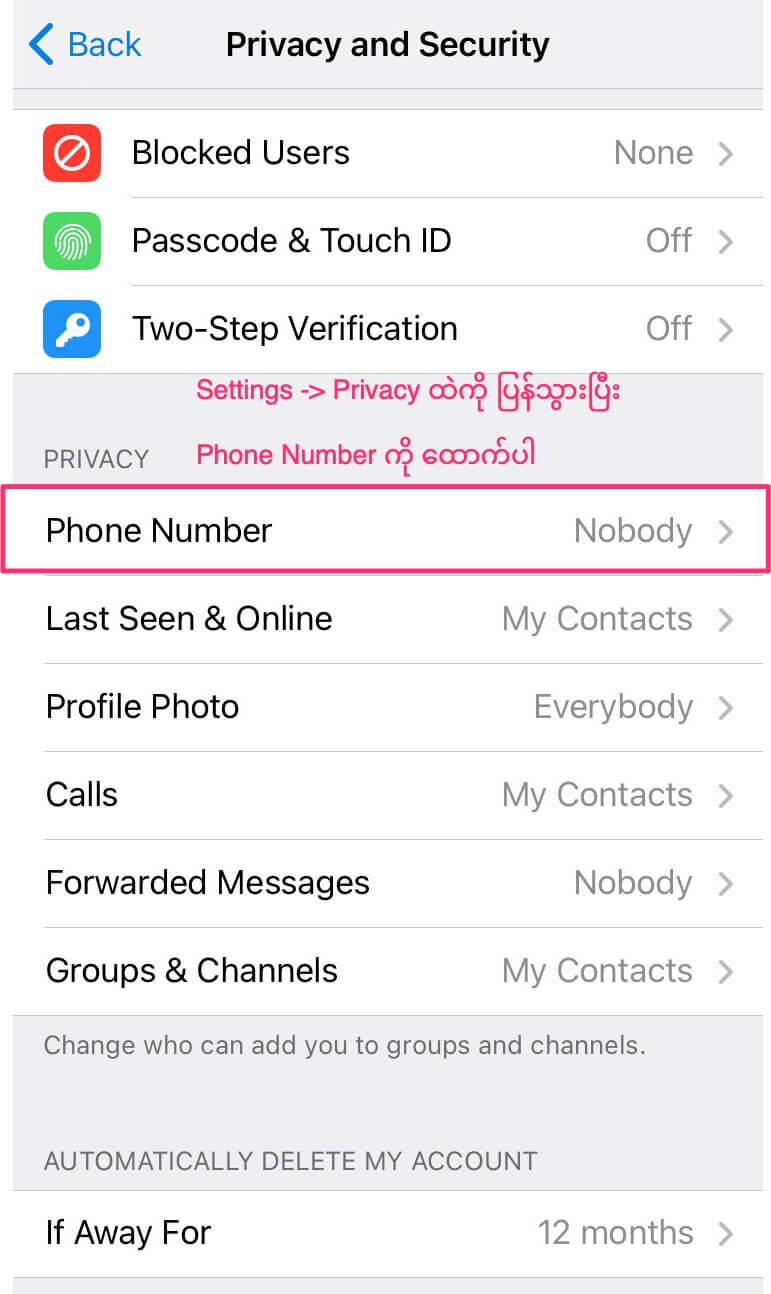 Telegram account privacy settings