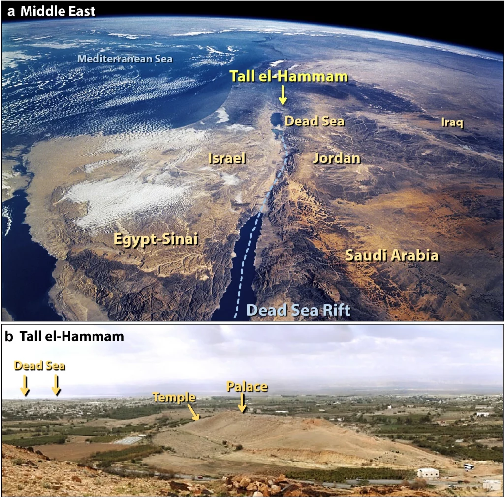 Tall el-Hammam မြို့တည်နေရာ နှင့် တူးဖေါ်ရာ နေရာ (Photo: NASA)