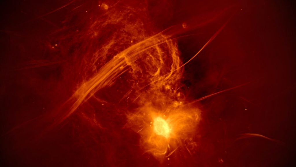 မစ်ကီးဝေး ဗဟိုက Sagittarius A* black hole ကြီးနဲ့ သူ့နားက မျဉ်းပြိုင် တန်းနေတဲ့ ကြိုးမျှင်များ